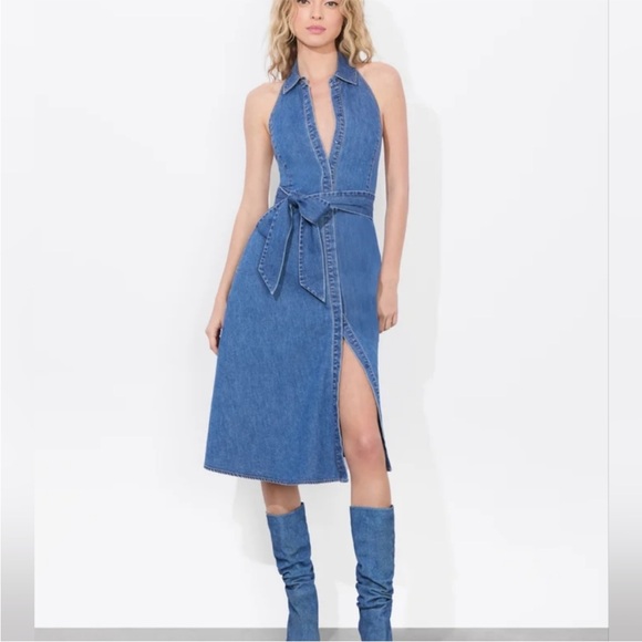 Alice + Olivia Dresses & Skirts - Alice + Olivia Halter Chassidy Denim Midi Dress with Waist Tie - Blue